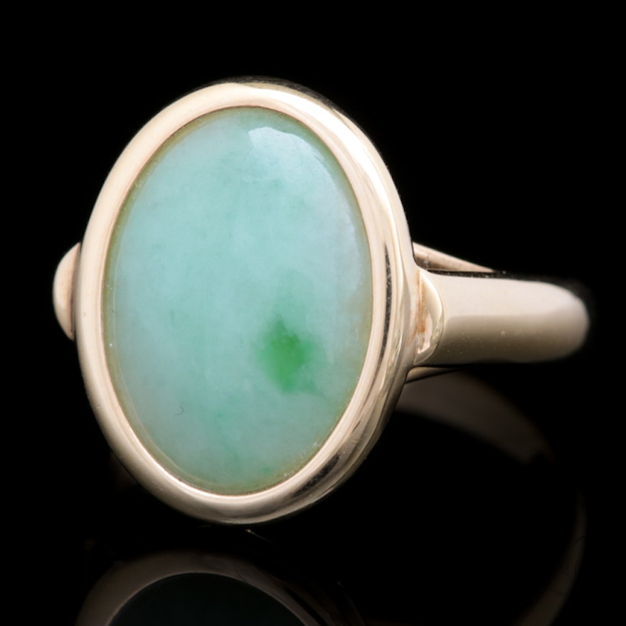 14K Yellow Gold, Green and White Nephrite Jade Ring