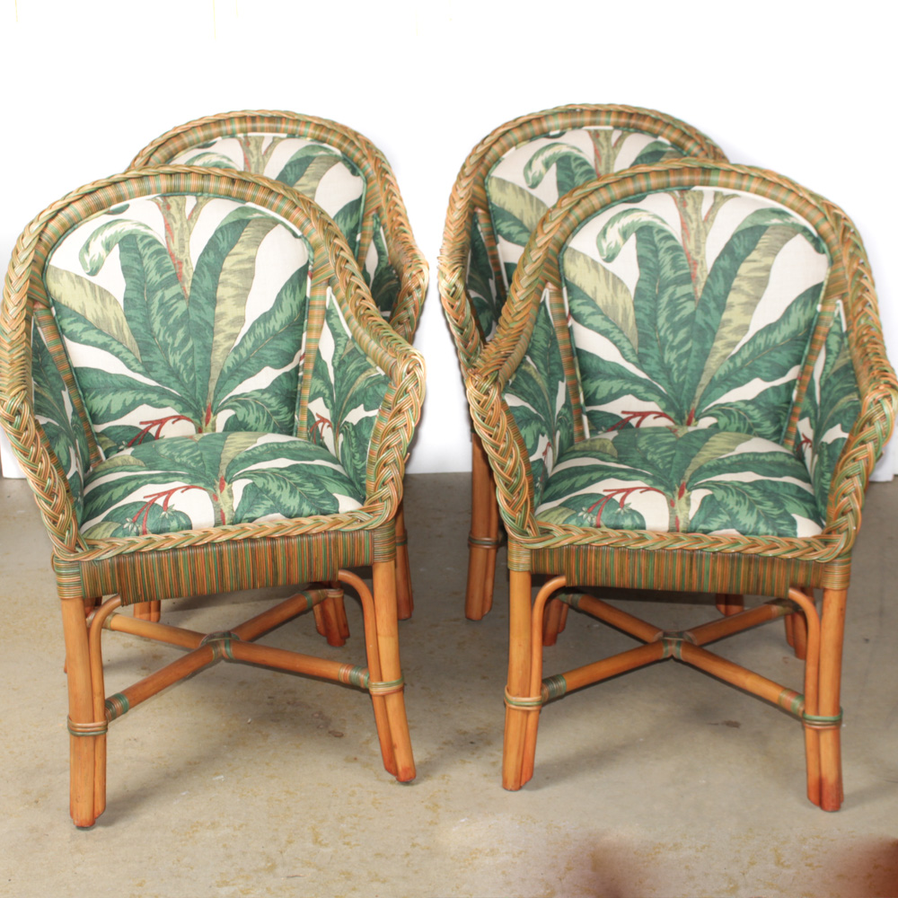 Four Custom Upholstered Wicker Chairs