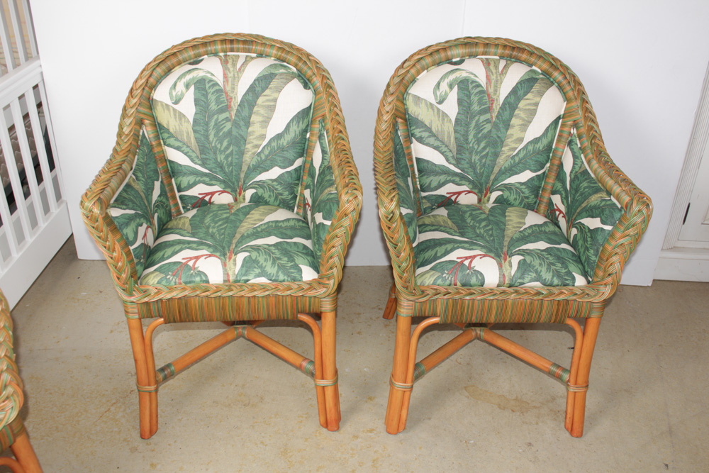 Four Custom Upholstered Wicker Chairs