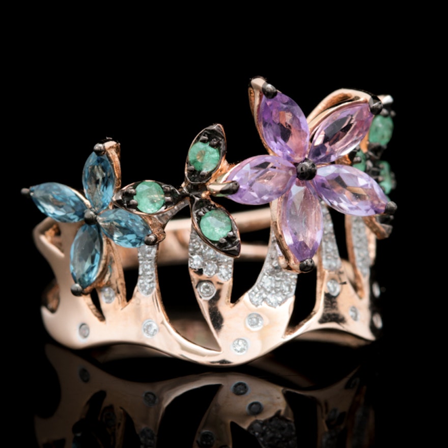 14K Rose Gold, Amethyst, Blue Topaz, Emerald and Diamond Cocktail Ring