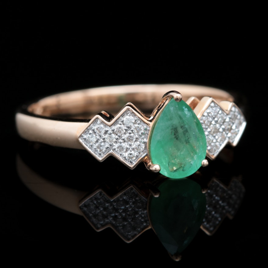 14K Rose Gold, Emerald and Diamond Ring