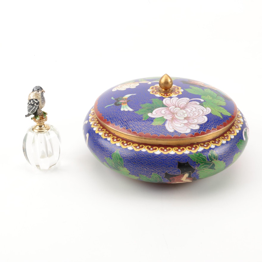 Cloisonne Lidded Bowl and Glass Perfume Decanter