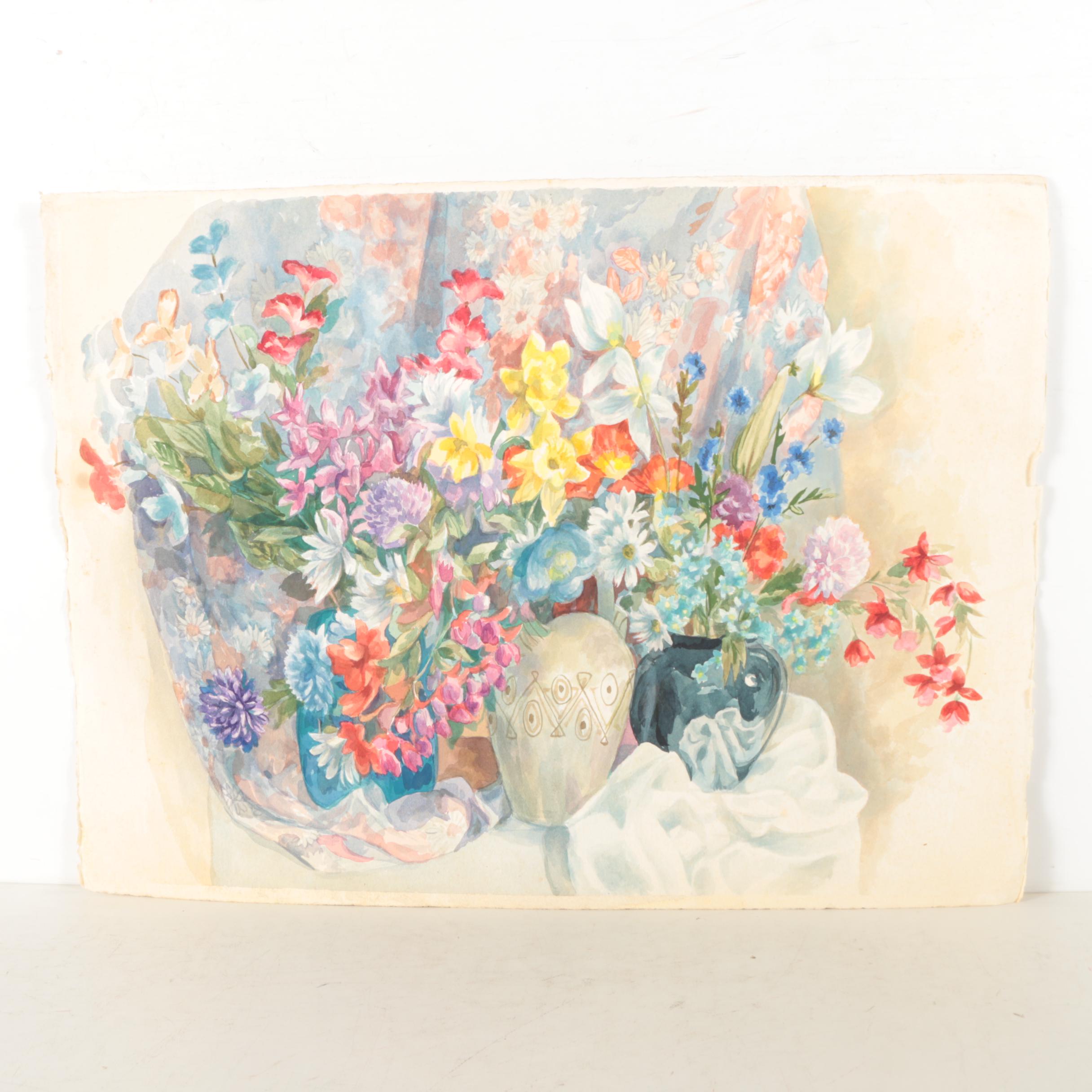 Pair of Still Life Watercolor Paintings on Paper Attributed to Henry C. Meyer