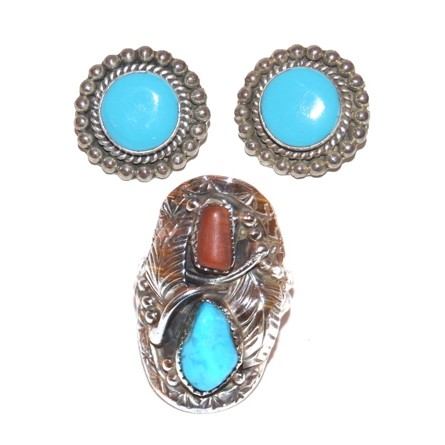 Native American Style Turquoise Earrings and Turquoise and Coral Ring