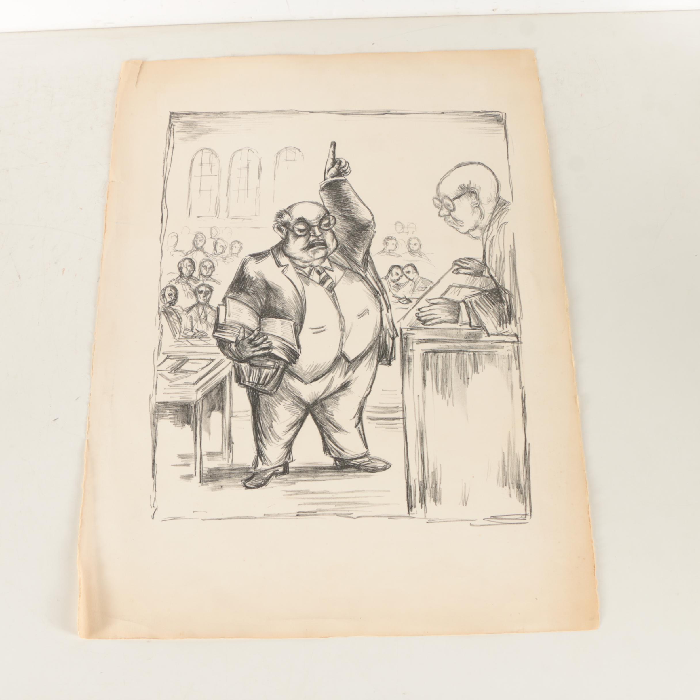 Lithographs on Paper of Don Quixote and a Courtroom Scene
