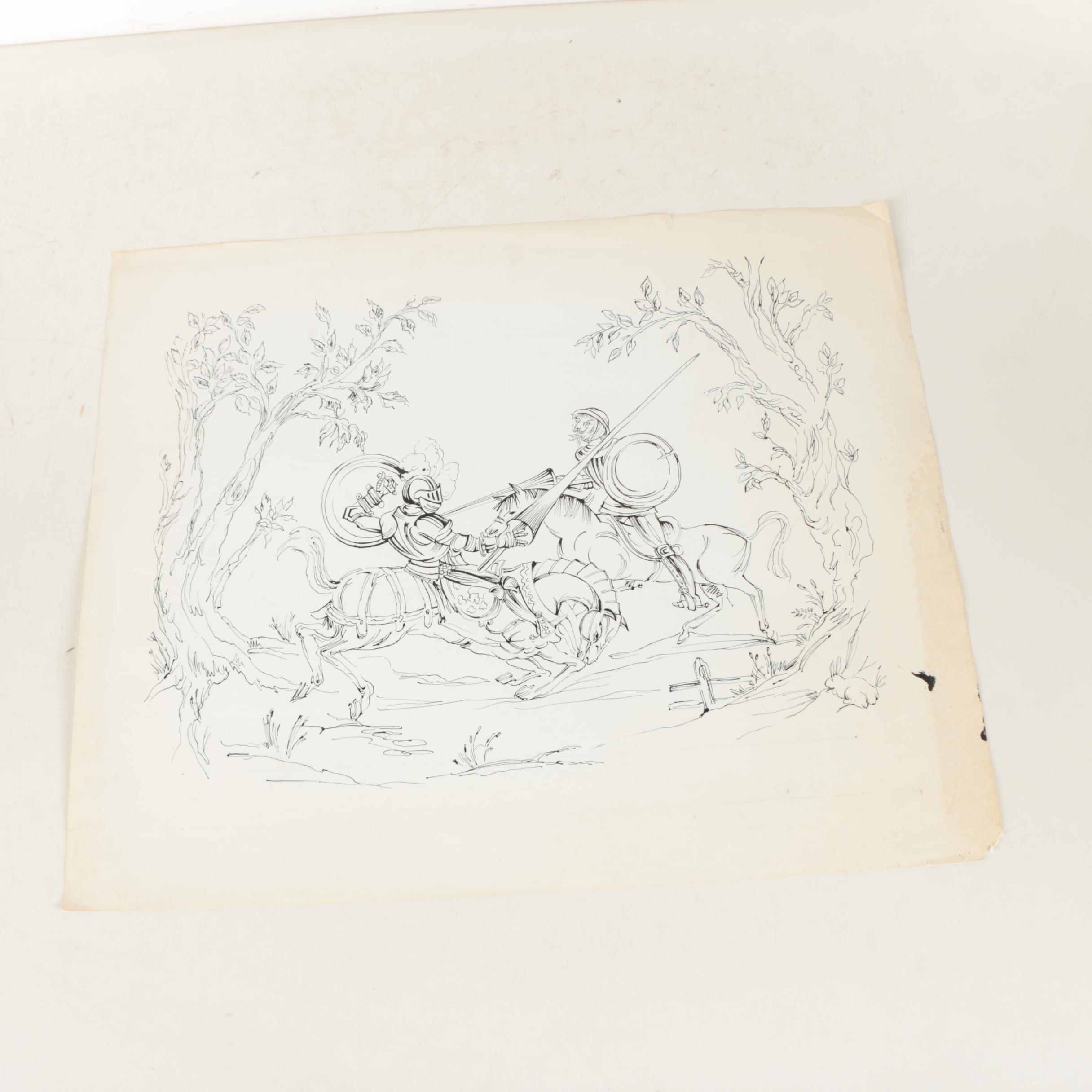 Lithographs on Paper of Don Quixote and a Courtroom Scene