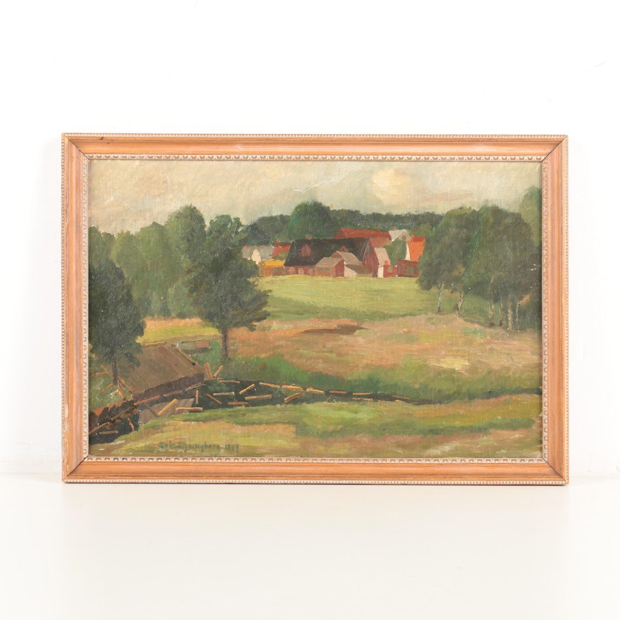 Eric Ljungberg Original 1949 Oil on Wood Panel of a Village