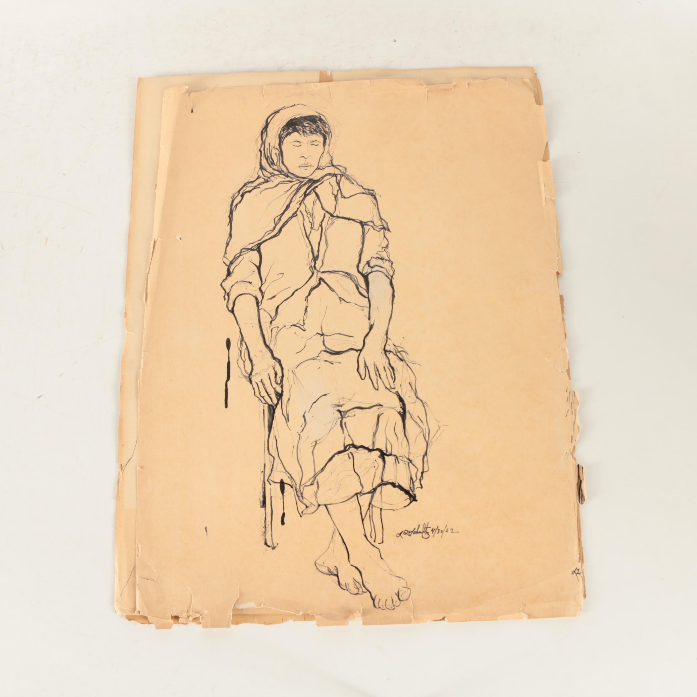 L.F. Schultz Drawings on Paper of Female Figures