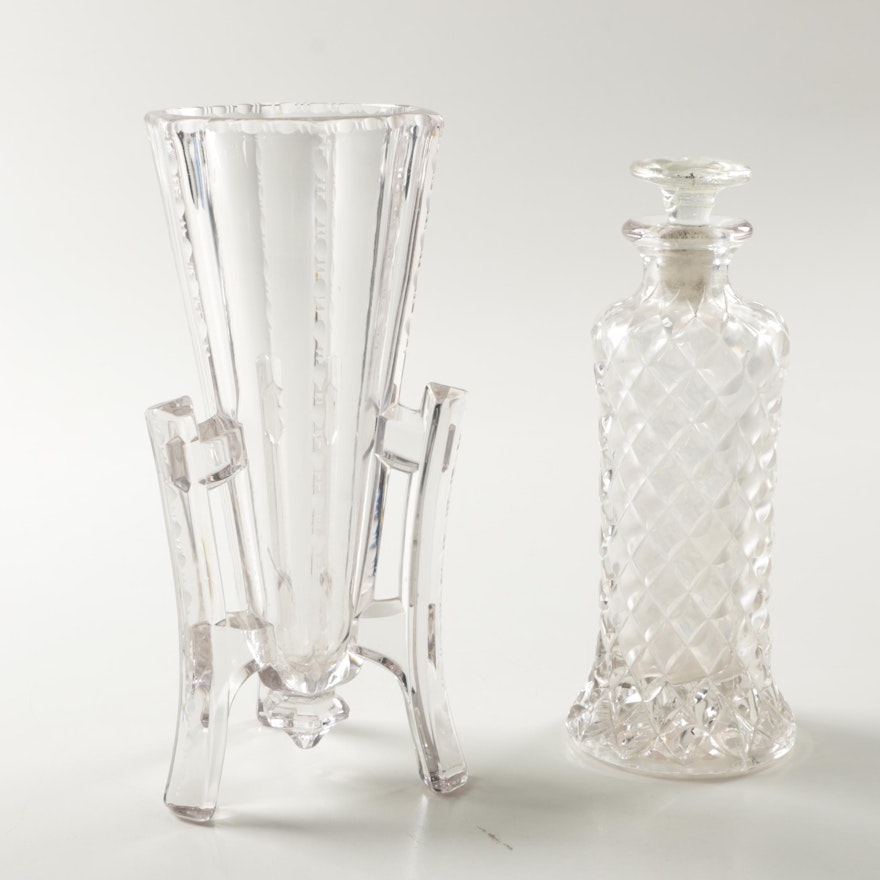Antique Cut Crystal Vase and Pressed Decanter