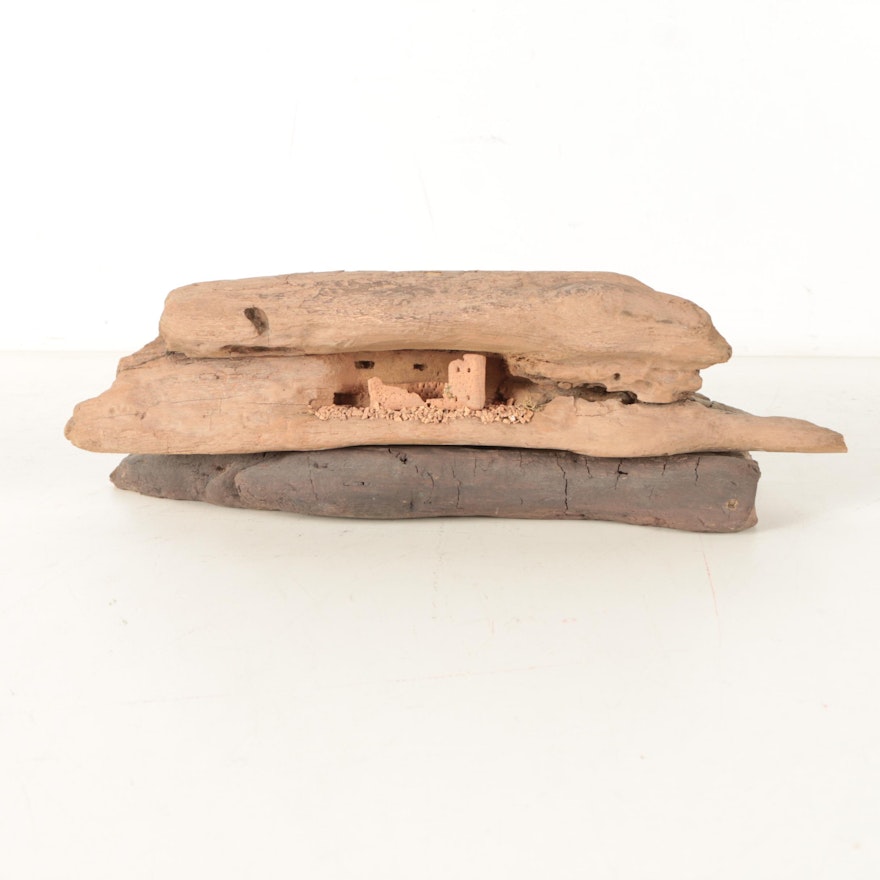 Miniature Clay and Wood Sculpture of Anasazi Cliff Dwelling