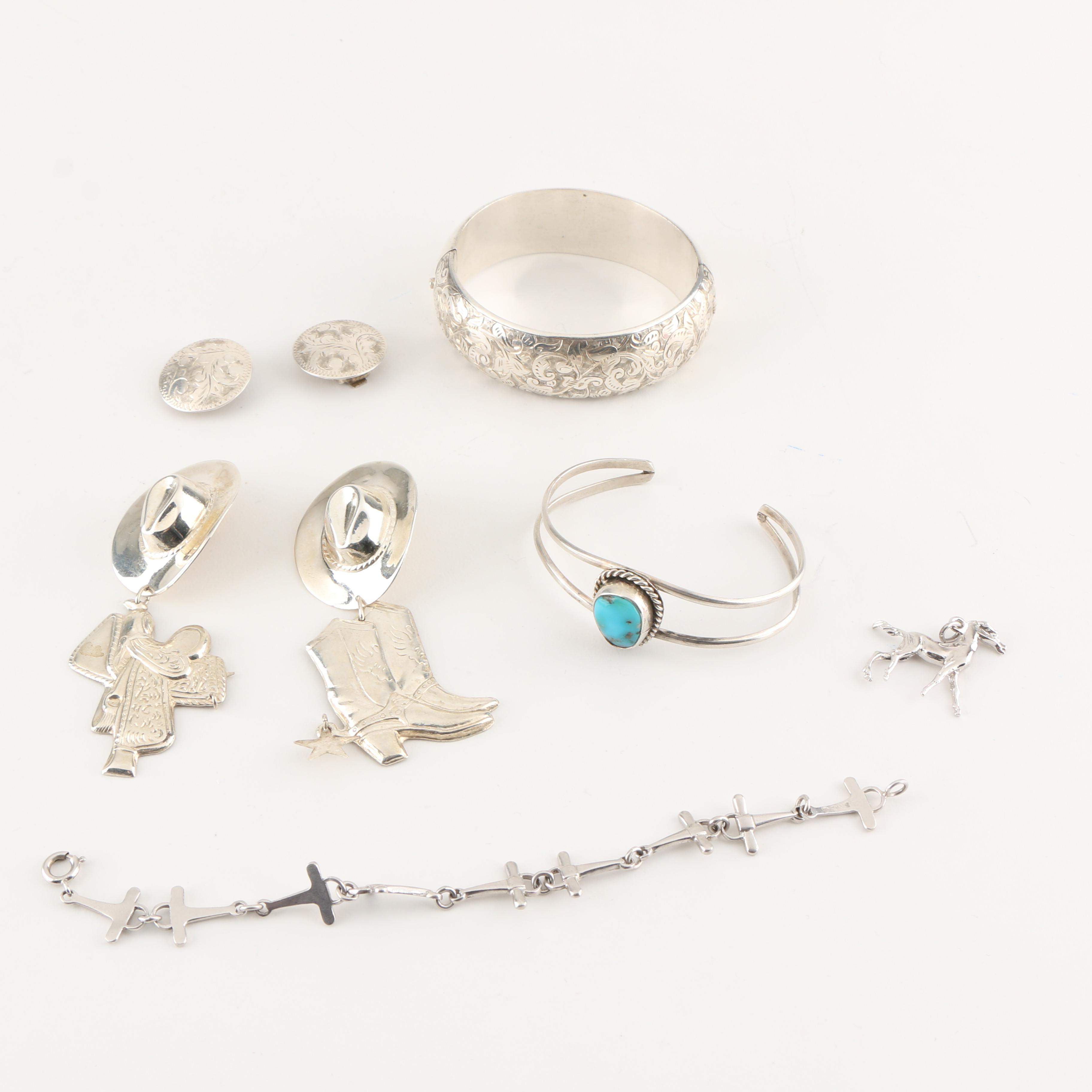 Western Themed Sterling Silver Jewelry Including Turquoise