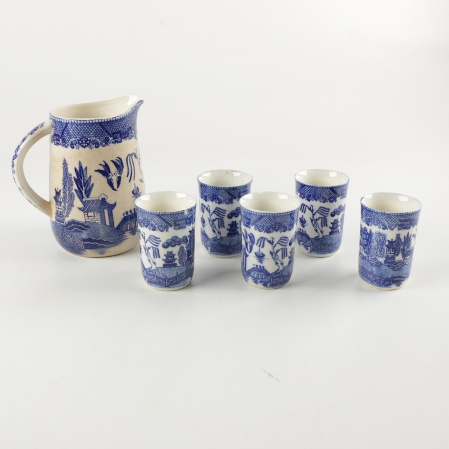 Japanese Blue Willow Style Ceramic Pitcher and Five Glasses