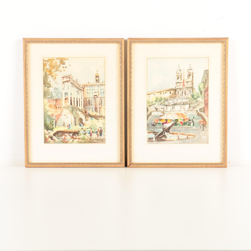Pair of Mid Century Watercolor Paintings on Paper of European Cityscapes