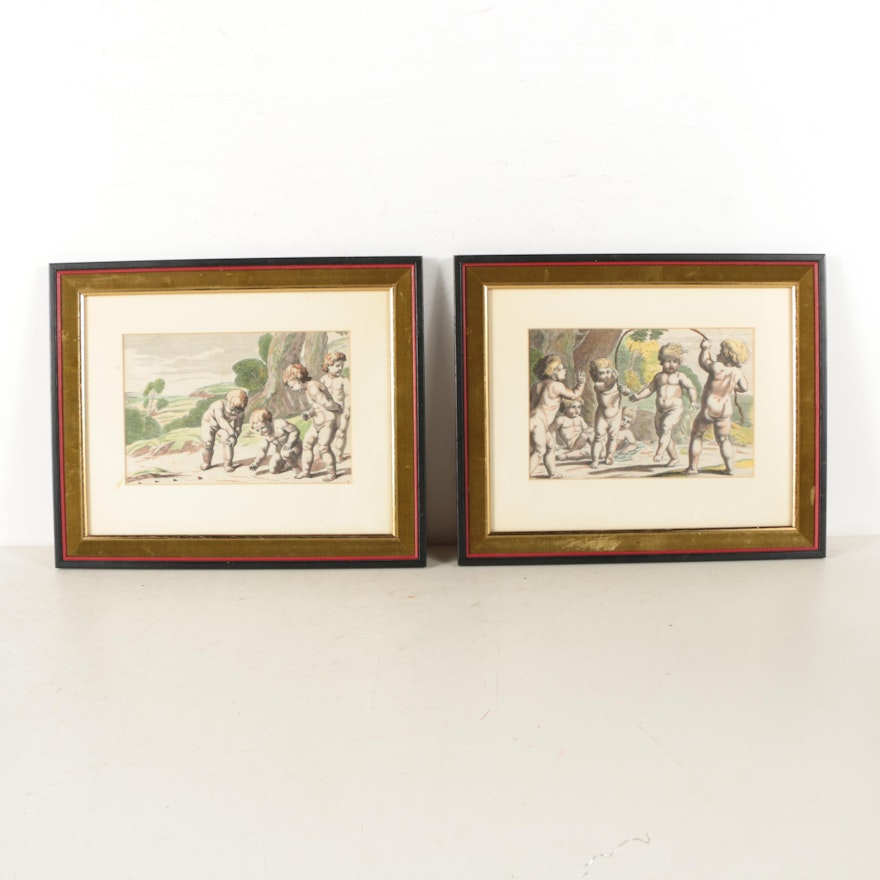 Hand Colored Lithographs of Putti Playing