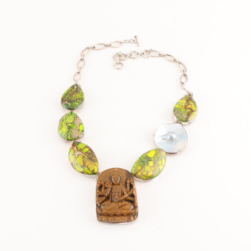 Sterling Silver Statement Necklace Featuring a Carving of Avalokiteśvara