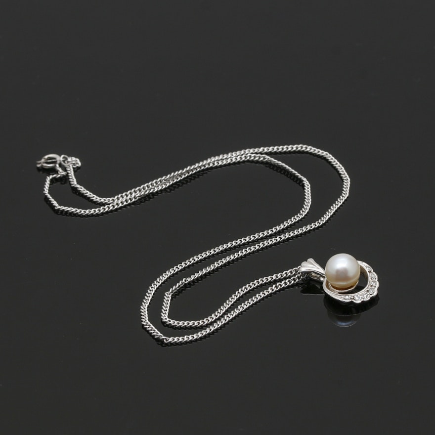 14K White Gold Cultured Pearl and Diamond Necklace