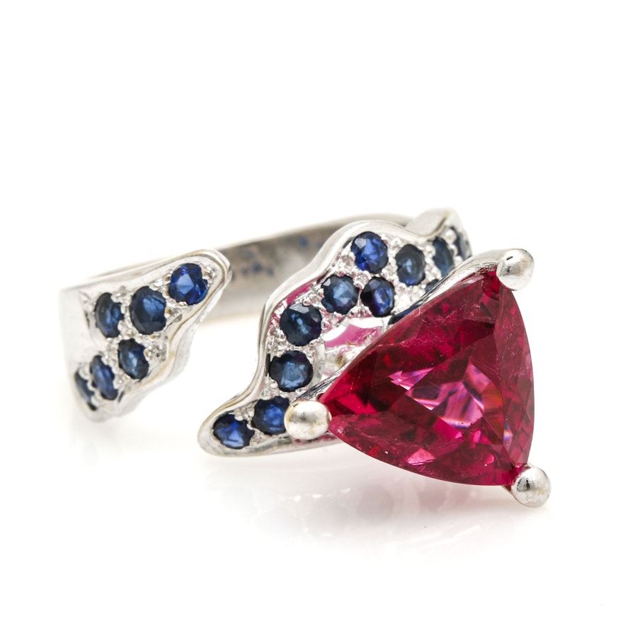 18K White Gold 3.81 CT Pink Tourmaline and Sapphire Contemporary Ring