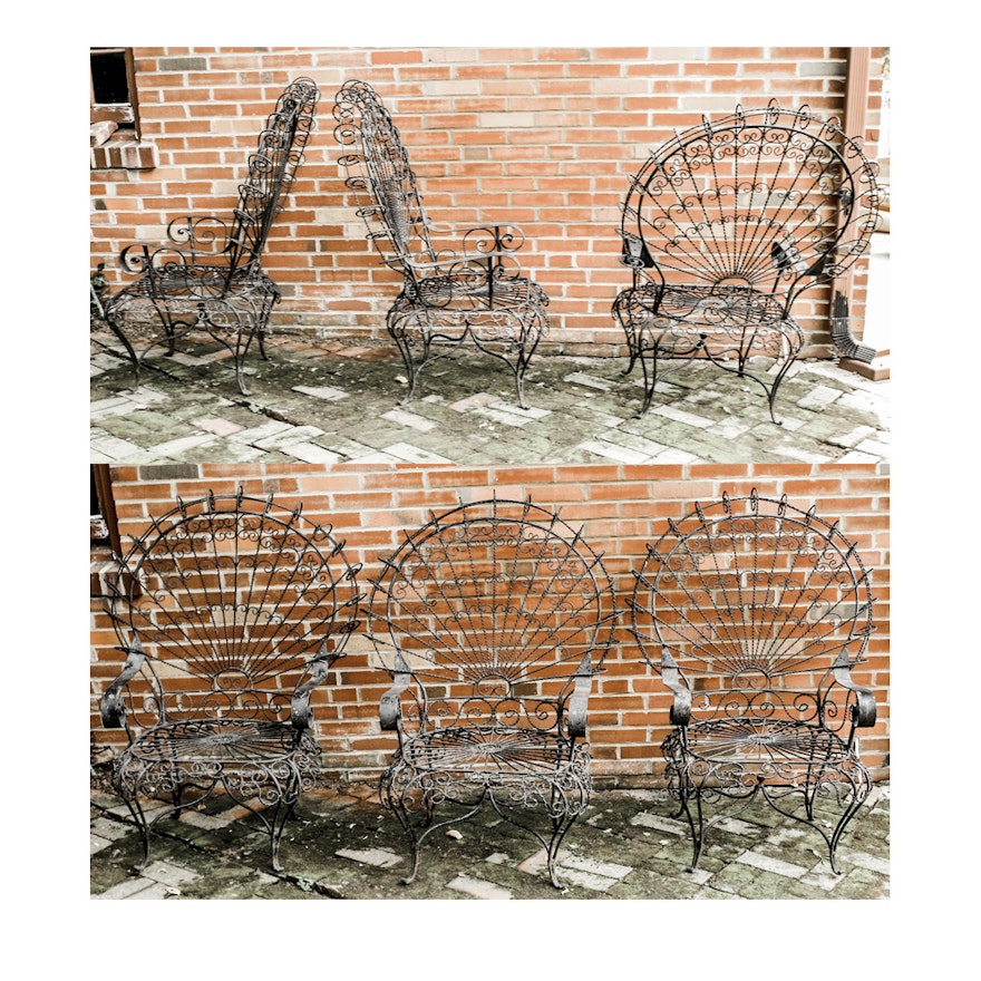 Six Victorian Style Wrought Iron Peacock Patio Chairs