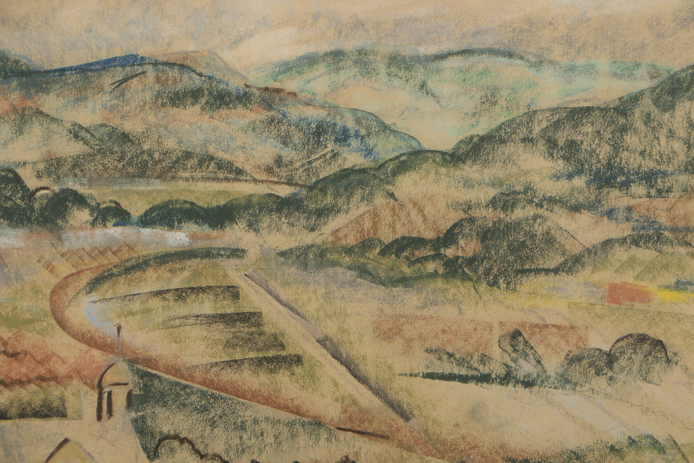 Arthur Helwig Chalk Pastel on Paper Rural Town Landscape