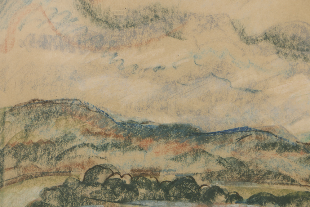 Arthur Helwig Chalk Pastel on Paper Rural Town Landscape