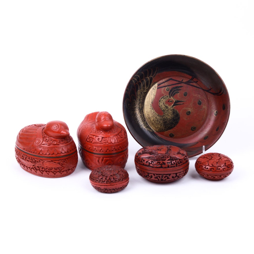 Chinese Cinnabar Boxes and Red Lacquerware Dish