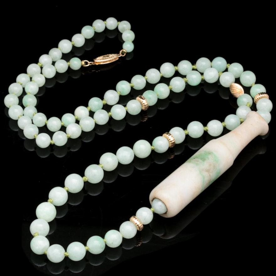 14K Yellow Gold and Nephrite Jade Beaded Necklace