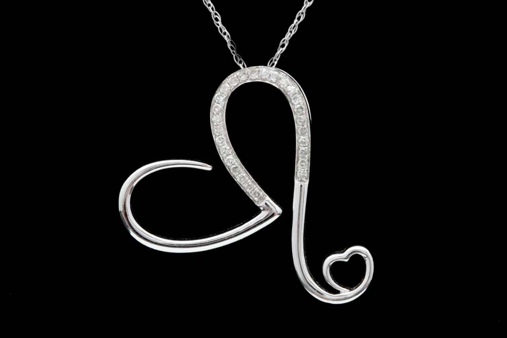 10K White Gold and Diamond Heart Pendant with Chain