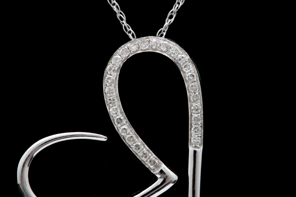10K White Gold and Diamond Heart Pendant with Chain
