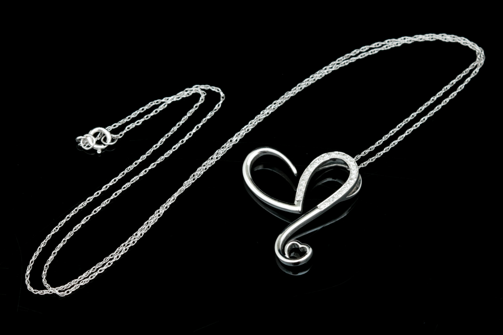 10K White Gold and Diamond Heart Pendant with Chain