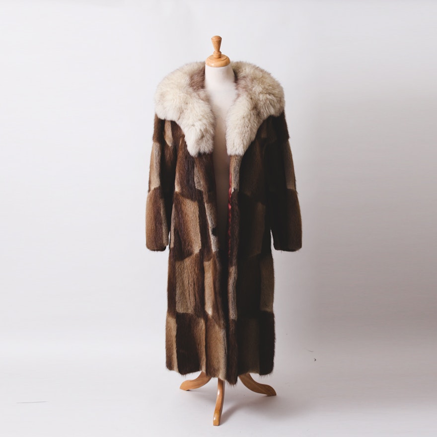 Vintage Muskrat Fur Coat with Fox Fur Shawl Collar