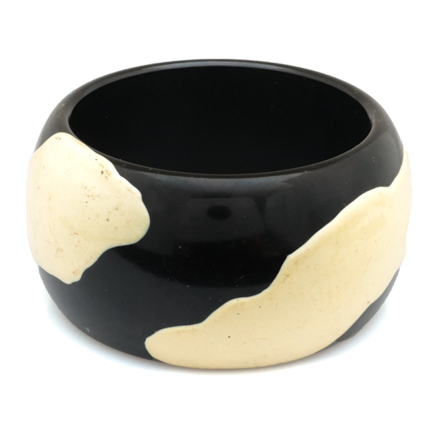 Wide Black and Cream Resin Bangle Bracelet