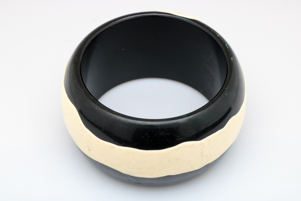 Wide Black and Cream Resin Bangle Bracelet