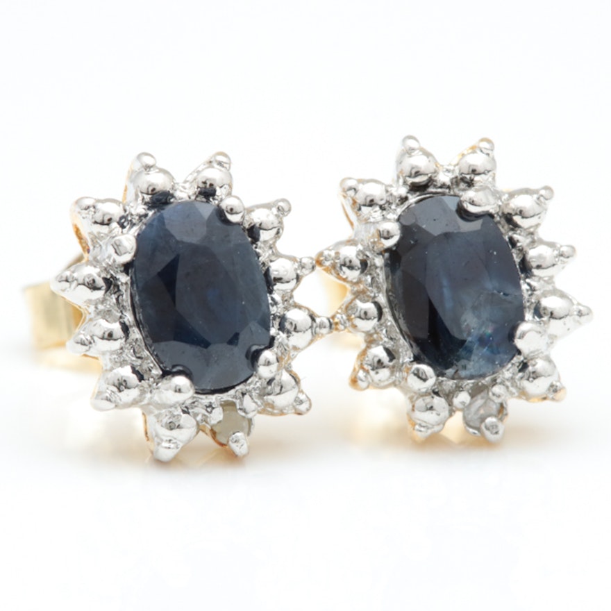 Gold Plated Sterling Silver, Commercial Grade Blue Sapphire and Diamond Earrings