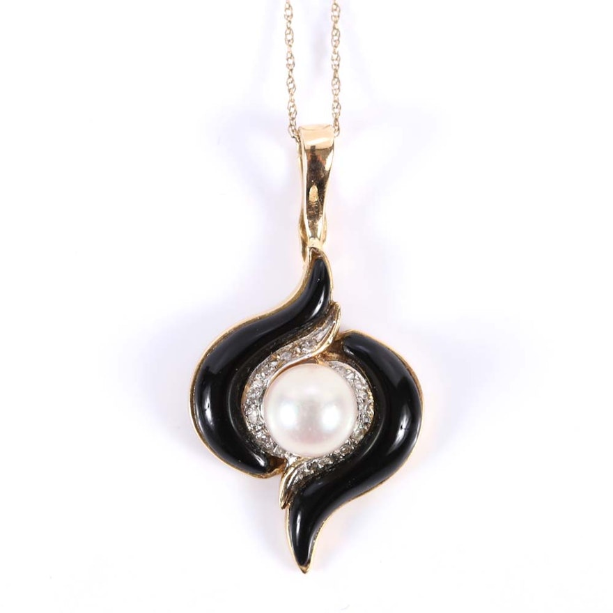 14K Yellow Gold Black Onyx, Diamond and Pearl Pendant Necklace