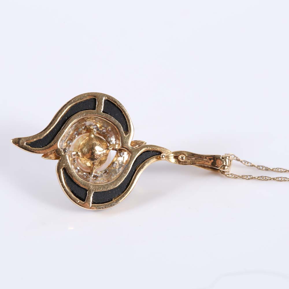 14K Yellow Gold Black Onyx, Diamond and Pearl Pendant Necklace