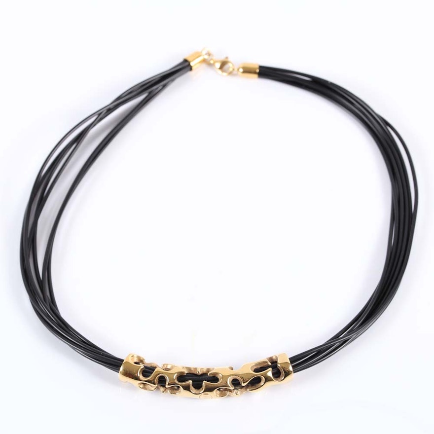14K Yellow Gold and Black Cord Necklace