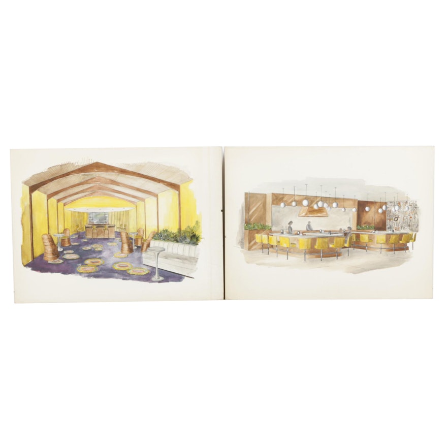 Two Watercolor and Ink Interior Design Paintings on Illustration Board