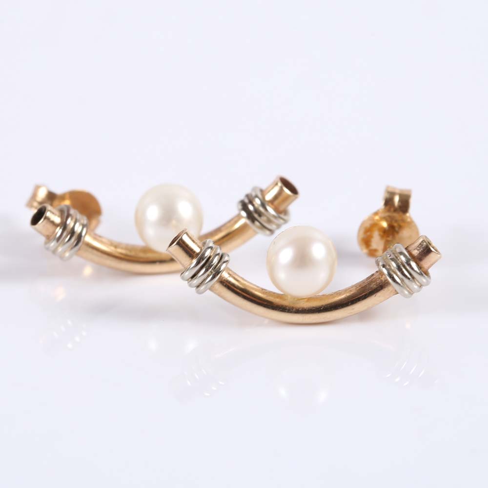 10K Yellow and White Gold Cultured Pearl Earrrings