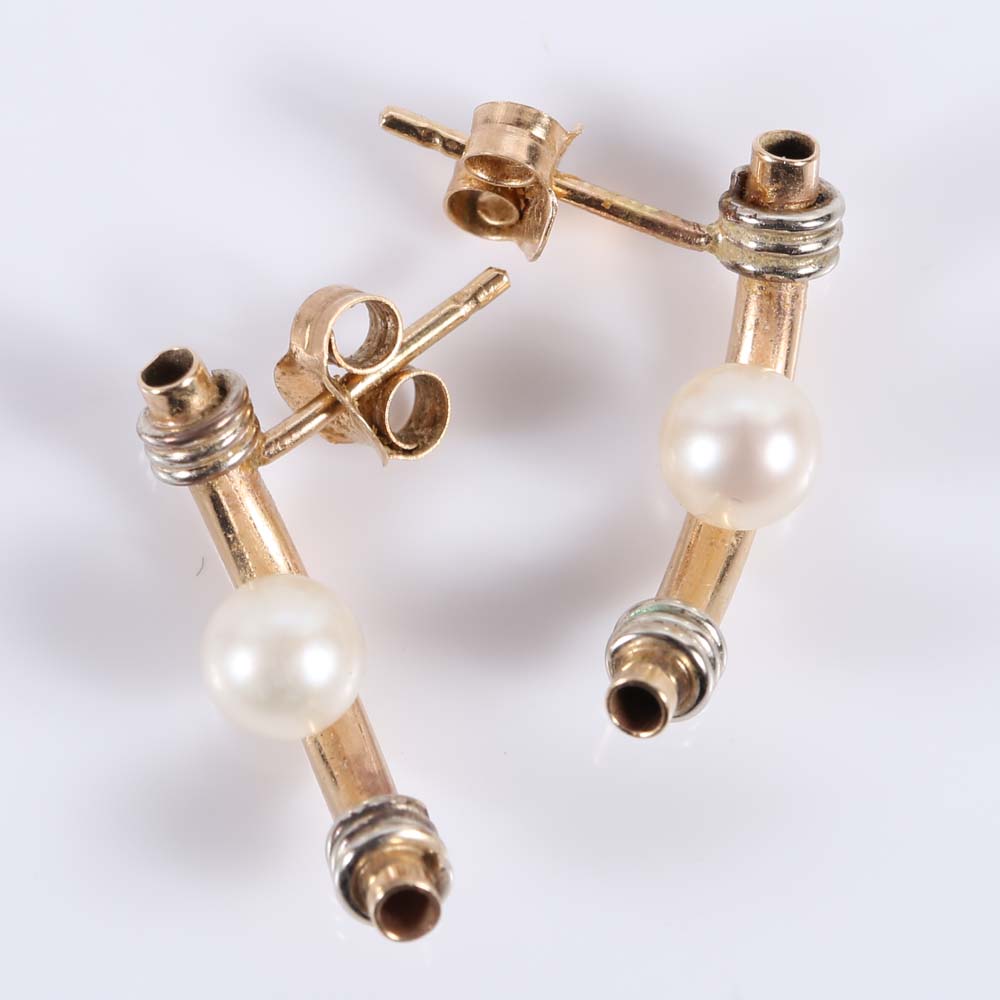 10K Yellow and White Gold Cultured Pearl Earrrings