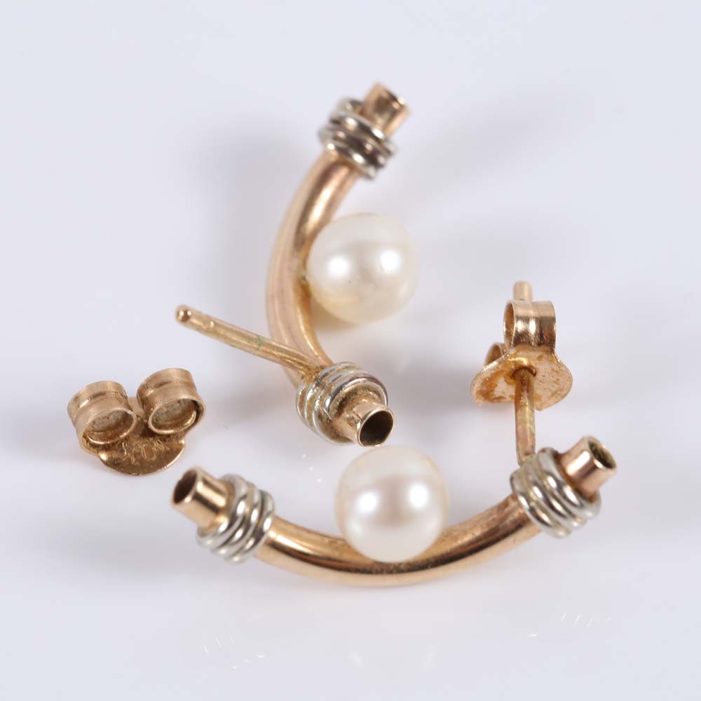 10K Yellow and White Gold Cultured Pearl Earrrings