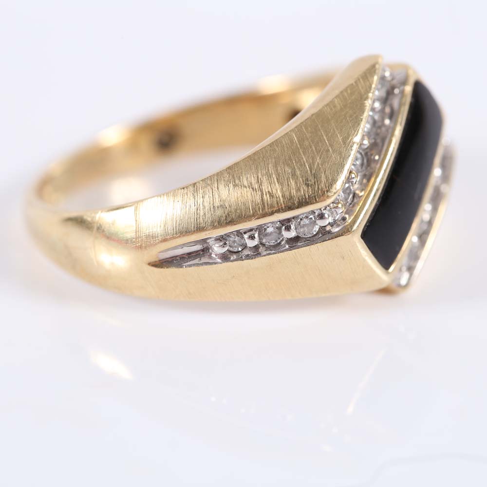 14K Yellow Gold Black Onyx and Diamond Bypass Ring