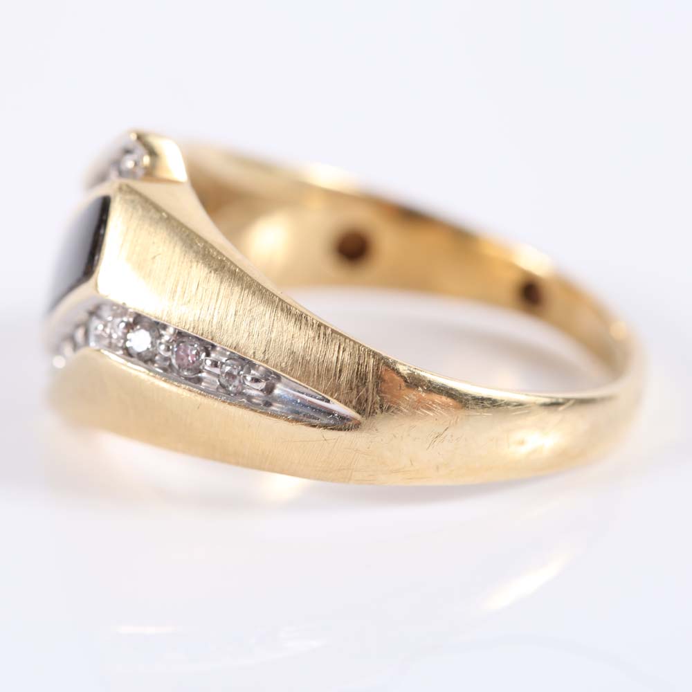 14K Yellow Gold Black Onyx and Diamond Bypass Ring