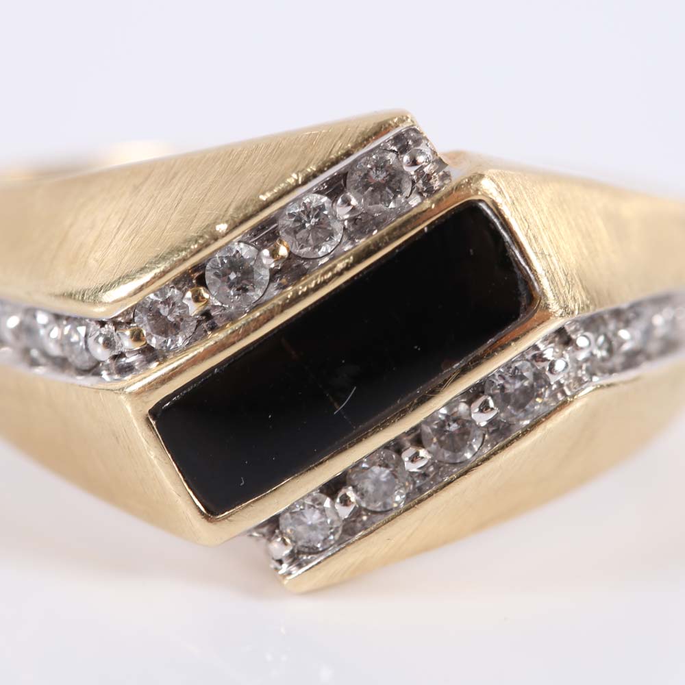 14K Yellow Gold Black Onyx and Diamond Bypass Ring