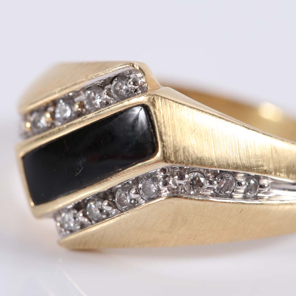 14K Yellow Gold Black Onyx and Diamond Bypass Ring