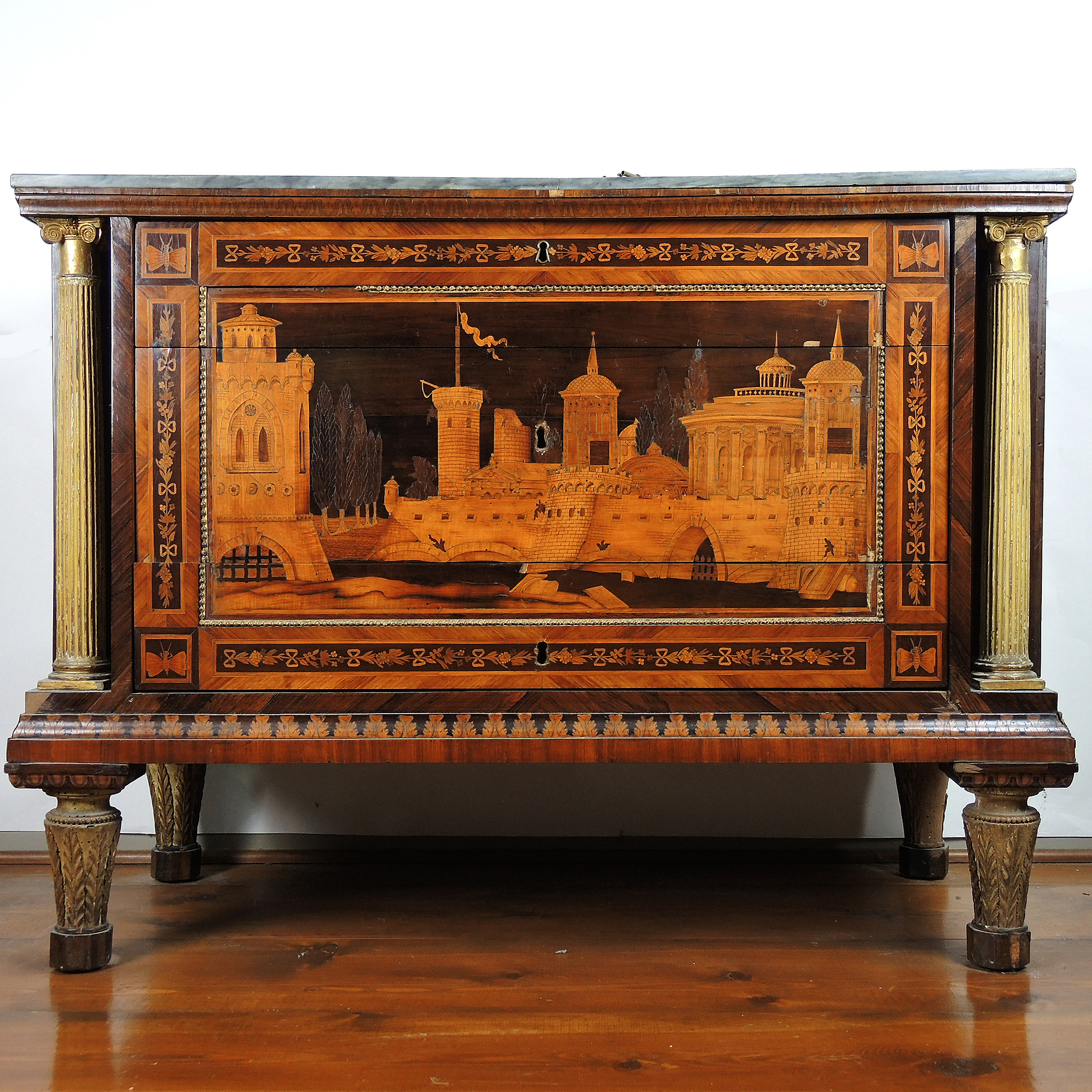 19th Century Italian Marquetry Inlaid Cabinet with Castle Scene