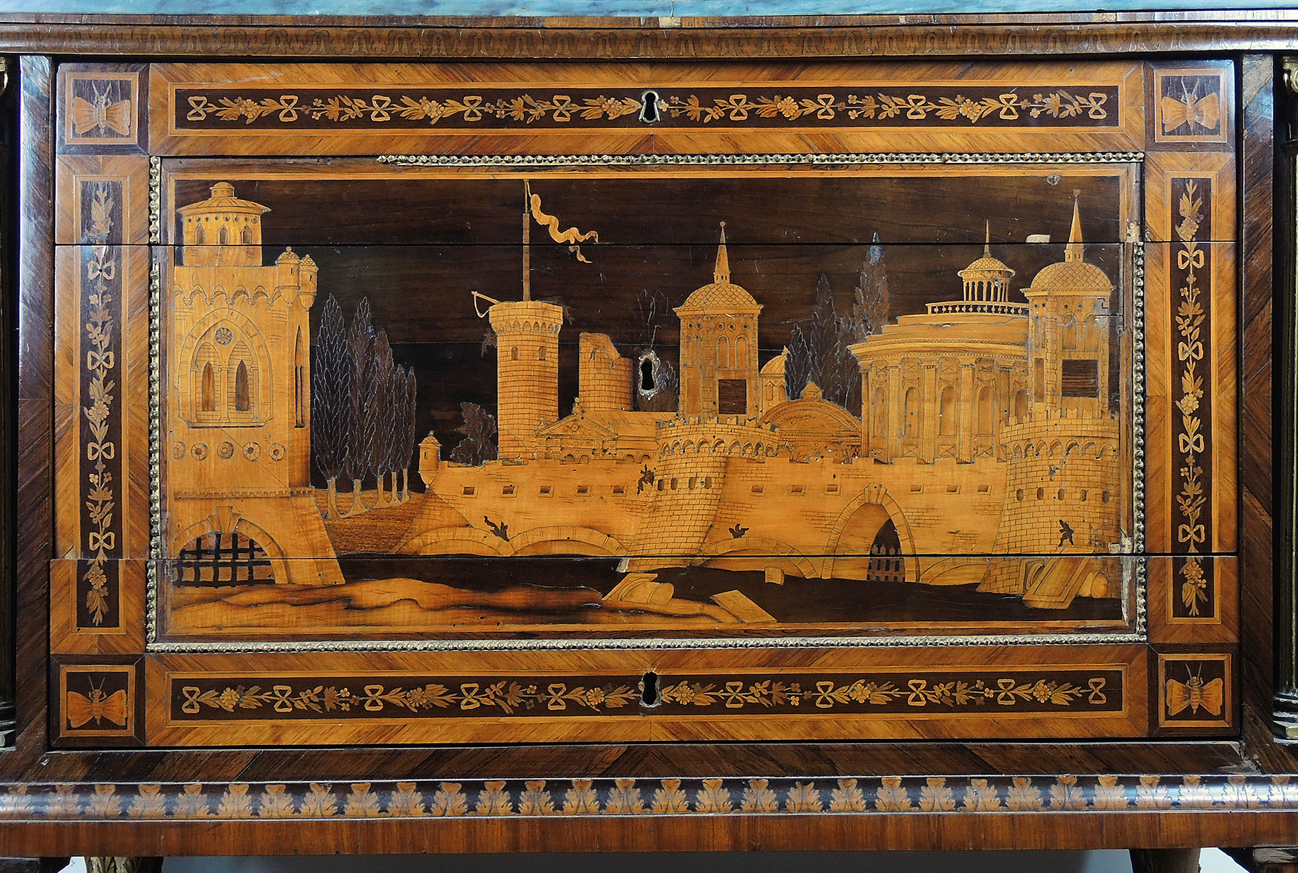 19th Century Italian Marquetry Inlaid Cabinet with Castle Scene