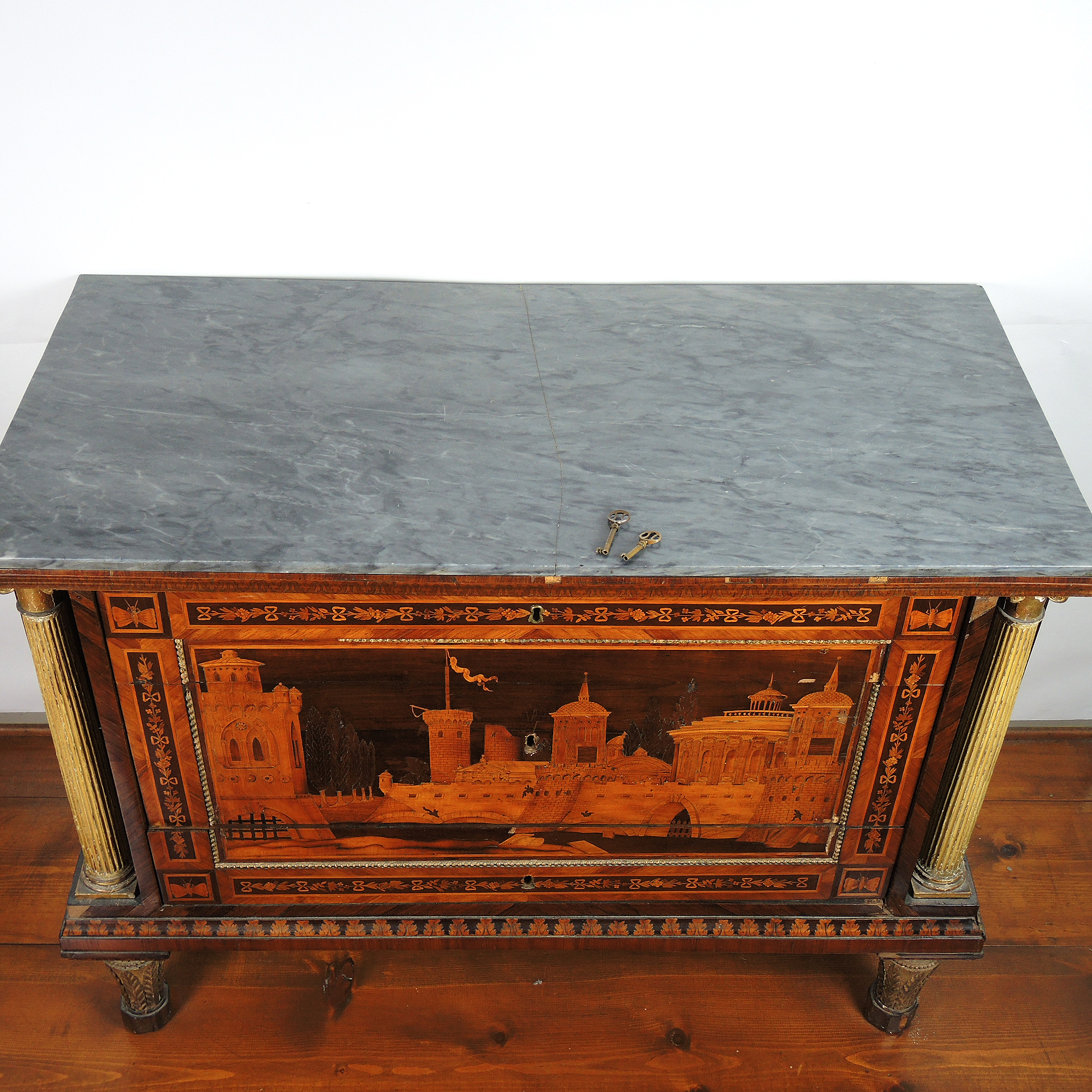 19th Century Italian Marquetry Inlaid Cabinet with Castle Scene