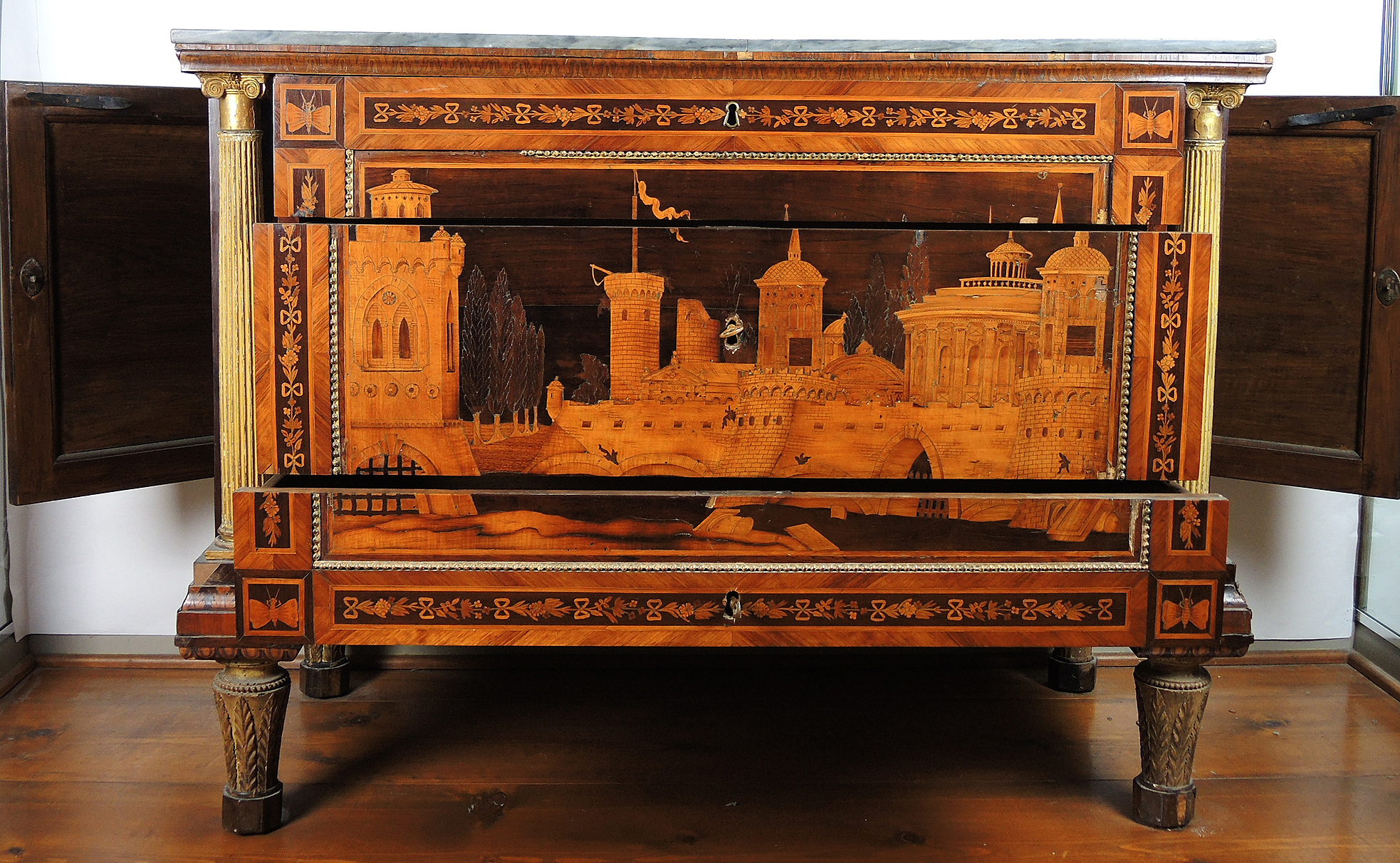19th Century Italian Marquetry Inlaid Cabinet with Castle Scene