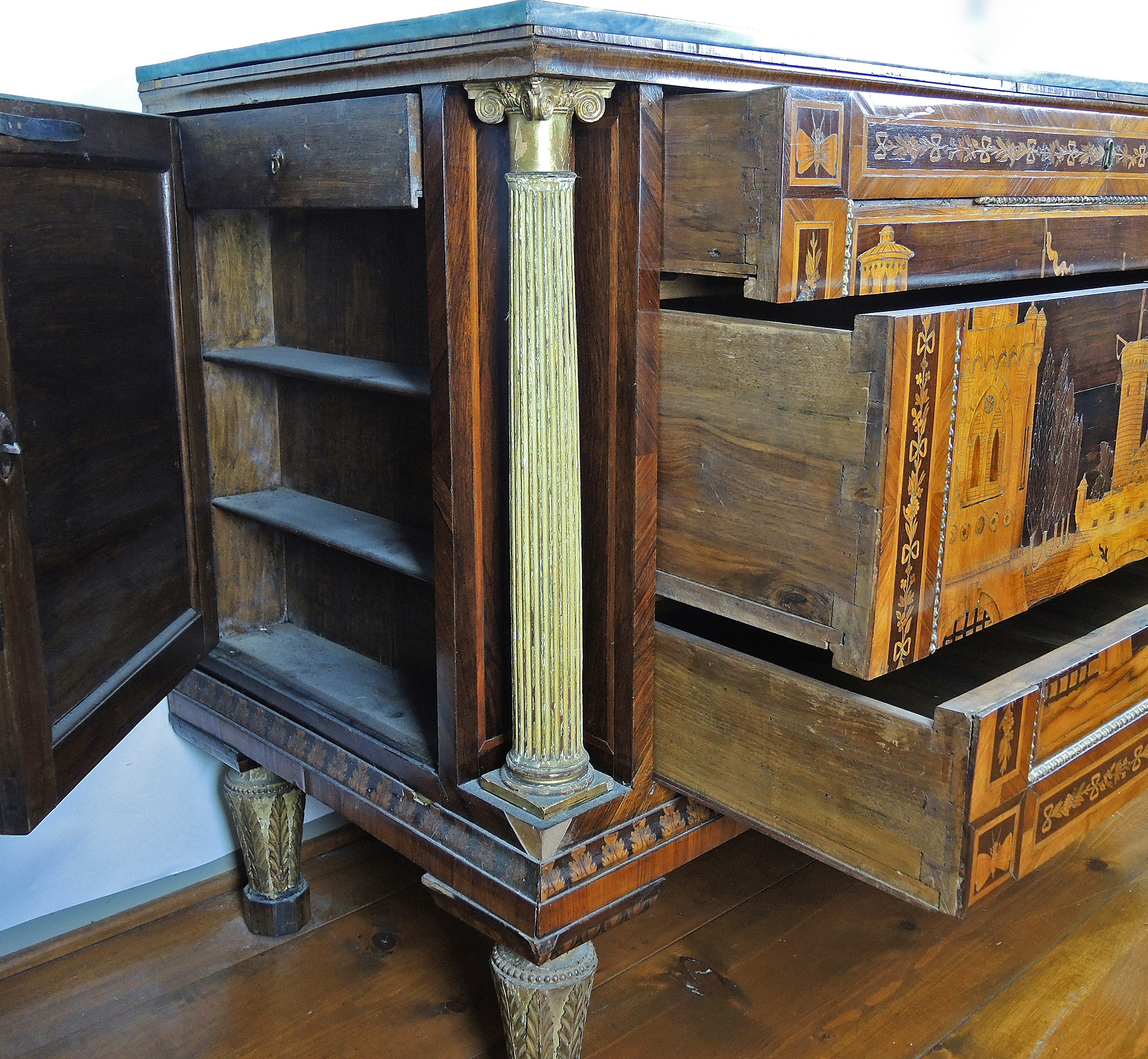 19th Century Italian Marquetry Inlaid Cabinet with Castle Scene