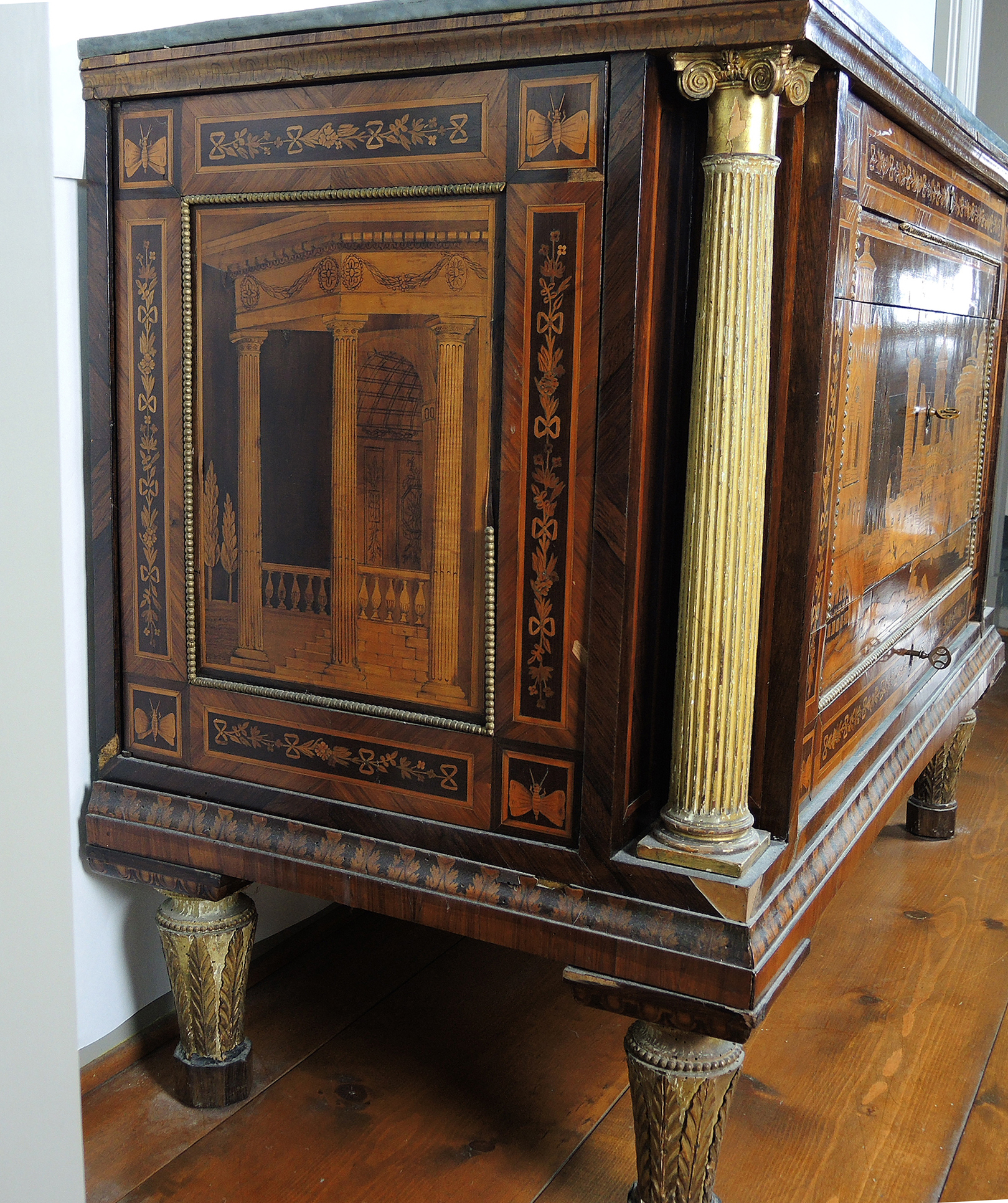 19th Century Italian Marquetry Inlaid Cabinet with Castle Scene
